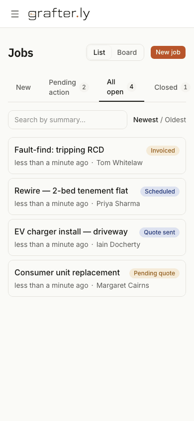 grafter.ly on a phone, showing the jobs list.