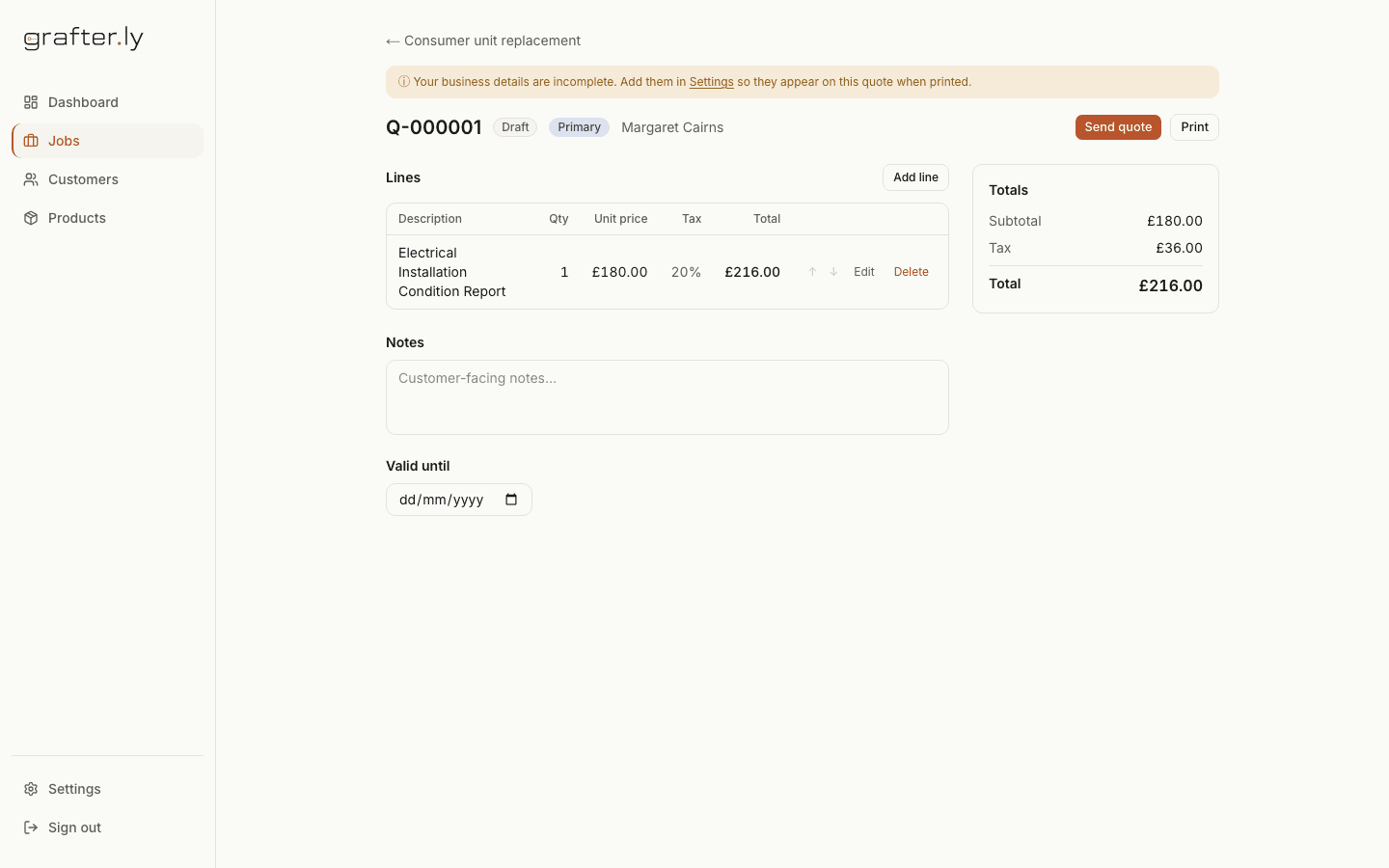 A grafter.ly quote with a line item, tax and total worked out, ready to send.