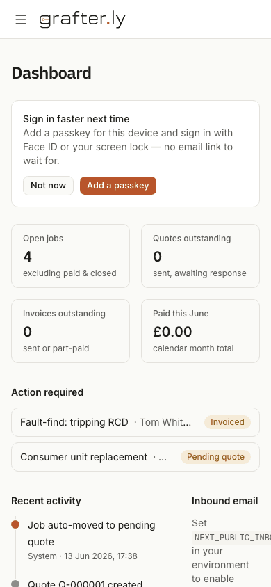 The grafter.ly dashboard on a phone