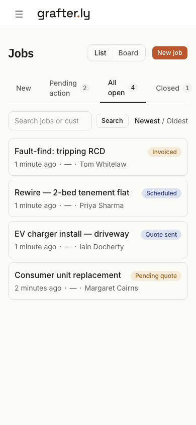 grafter.ly on a phone, showing the jobs list.