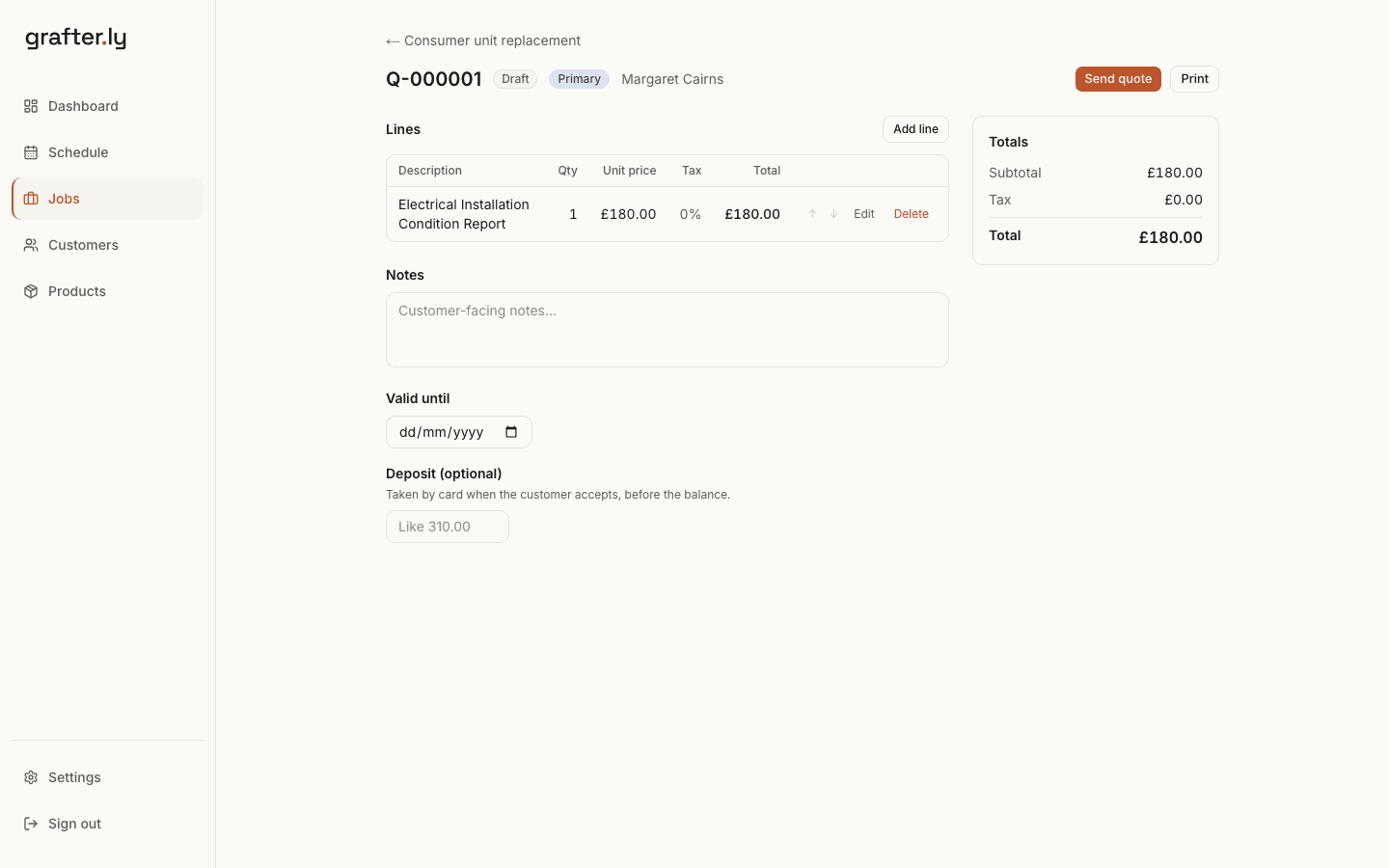 A grafter.ly quote with a line item, tax and total worked out, ready to send.