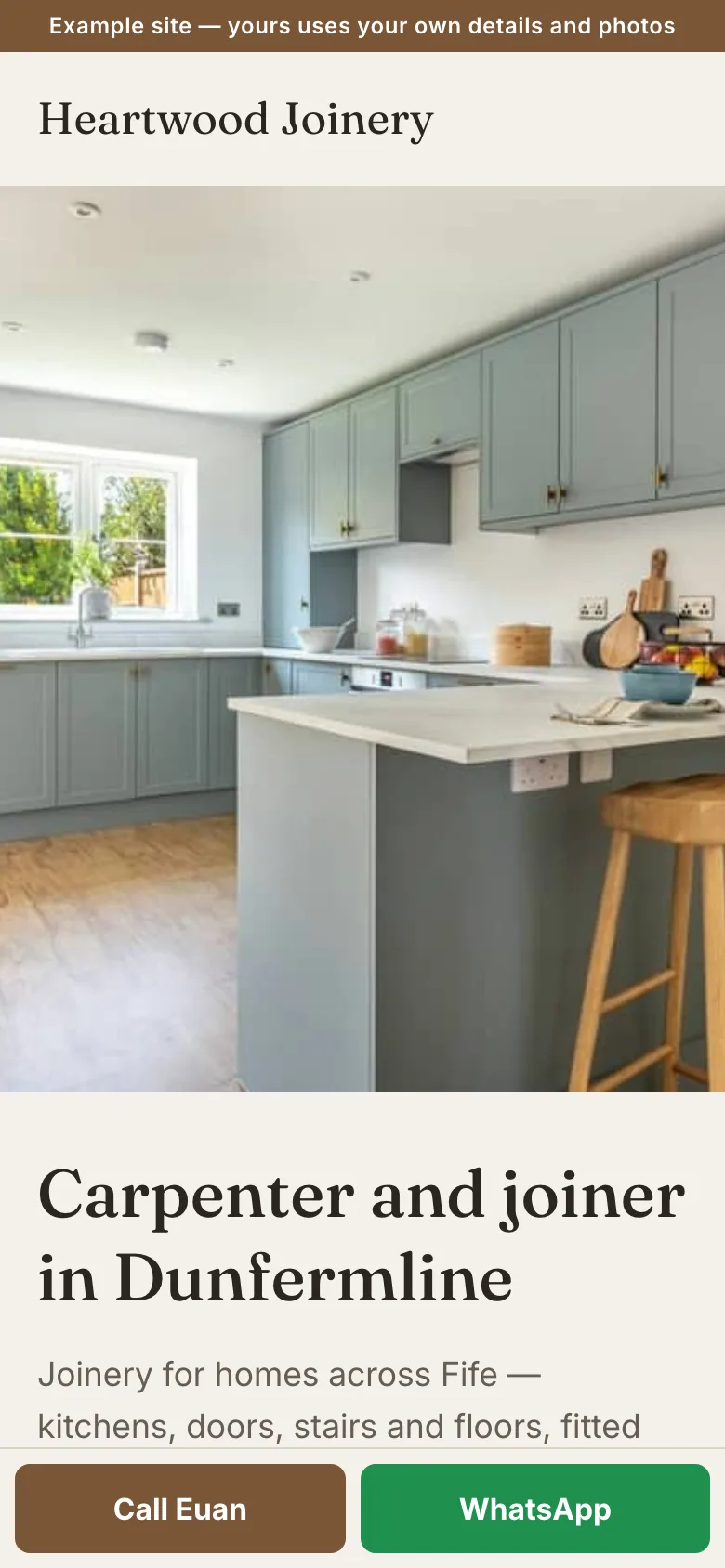 The Craft look on a phone: Heartwood Joinery, Dunfermline — big photos of the work and a quiet serif.