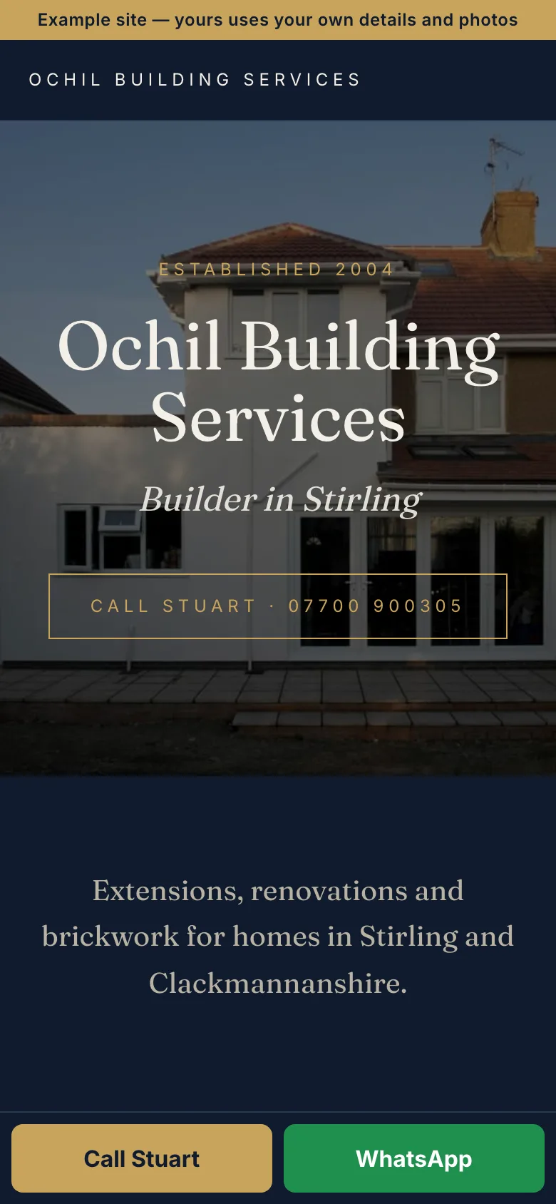 The Heritage look on a phone: Ochil Building Services, Stirling — a serif, navy and gold, one strong photo.