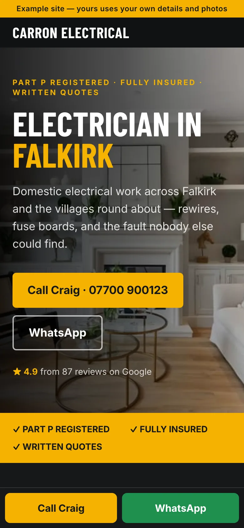 The Hi-vis look on a phone: Carron Electrical, Falkirk — dark, with big condensed capitals and one amber accent.