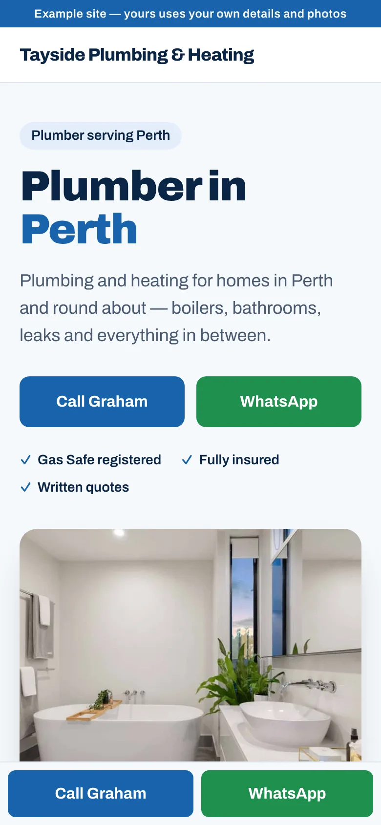 The Local pro look on a phone: Tayside Plumbing & Heating, Perth — light and sharp, trade and town at the top, call and WhatsApp side by side.
