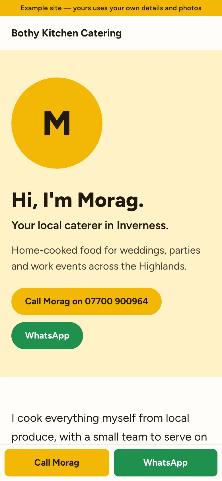The Owner look on a phone: Bothy Kitchen Catering, Inverness — the owner's face and name first.