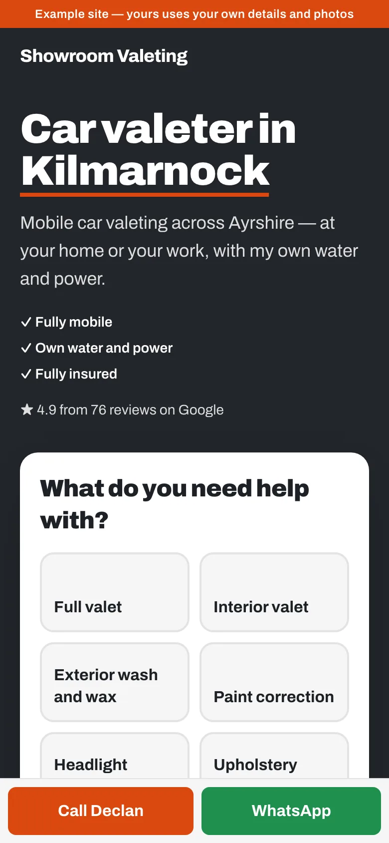 The Quote-first look on a phone: Showroom Valeting, Kilmarnock — customers pick what they need and send it.